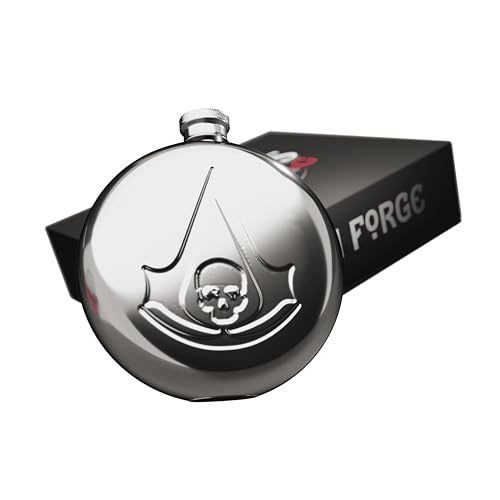 Assassin's Creed Flachmann mit schwarzer Flagge, offizielles Lizenzprodukt. Assassin's Creed Edelstahl-Flachmann Geschenkset mit 2 x 30 ml Edelstahl-Schnapsgläsern und 1 x Einfülltrichter von RAVEN FORGE