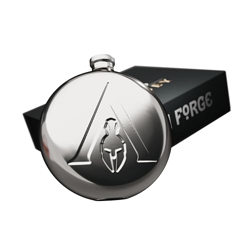 Assassin's Creed Odyssey Flachmann, offizielles Lizenzprodukt, Assassin's Creed Odyssey Edelstahl-Flachmann, Geschenk-Set mit 2 x 30 ml Edelstahl-Schnapsgläsern und 1 x Einfülltrichter von RAVEN FORGE
