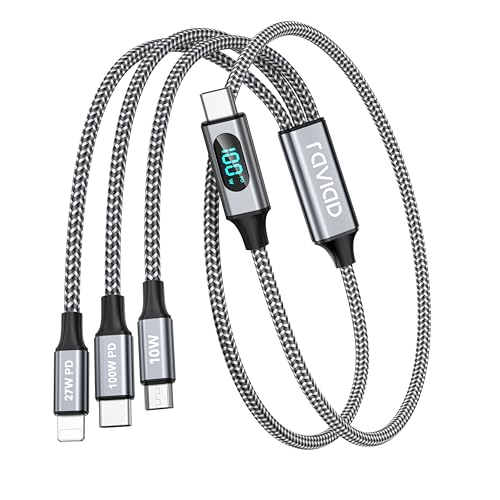 RAVIAD 100W USB C auf Multi Ladekabel [50CM] Ladekabel 3 in 1 Schnellladekabel mit LED Display Kabel USBC auf USB C[100W]+Micro[10W]+Lightning[27W] Kompatibel mit iPhone 16 15, Galaxy S24 S23, Pad von RAVIAD