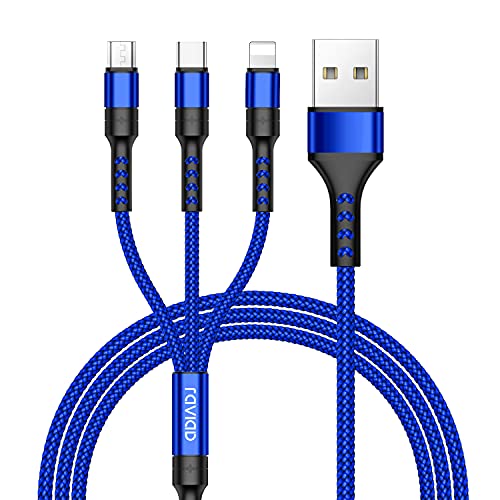 RAVIAD Multi USB Kabel, Universal Ladekabel [1.2M] Nylon Schnell 3 in 1 Mehrfach mit Micro USB Typ C Lightning, für iPhone, Android Samsung Galaxy, Huawei, Sony, Oneplus, LG, HTC- Blau von RAVIAD