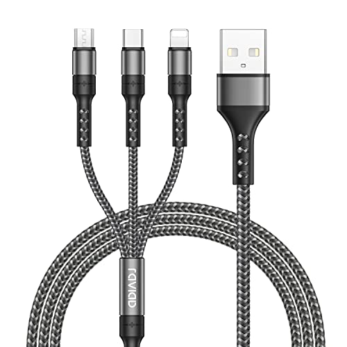 RAVIAD Multi USB Kabel, Universal Ladekabel [1.2M] Nylon Schnell 3 in 1 Mehrfach Ladekabel mit Micro USB Typ C Lightning Kabel für iPhone, Android Samsung Galaxy, Huawei, Oneplus, LG, HTC-Grau von RAVIAD