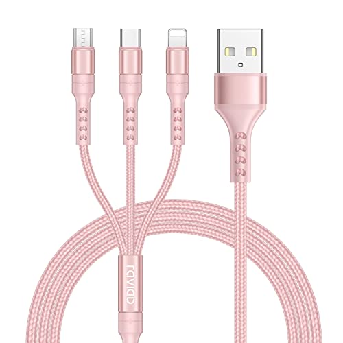 RAVIAD Multi USB Kabel, Universal Ladekabel 1.2M Nylon Schnell 3 in 1 Mehrfach Ladekabel mit Micro USB Typ C Lightning Kabel für iPhone, Android Samsung Galaxy, Huawei, Oneplus, LG, HTC -Rosa von RAVIAD