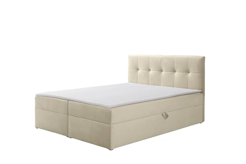 RAVIO Boxspringbett Toronto mit 2 Bettkästen, gepolstertem Kopfteil, Bonellfederkern H3 und Topper, Polsterbett aus Samt mit Stauraum und hohem Liegekomfort (Crème (Amor 4323), 140 x 200 cm) von RAVIO