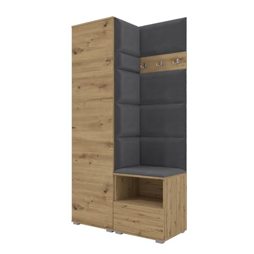RAVIO Garderoben-Set NELA I mit Kleiderschrank & 3 Doppelhaken, 100cm Flurgarderobe mit Garderobenpaneel & Schuhschrank (Artisan Eiche + Dunkelgrau (Trinity 15)) von RAVIO