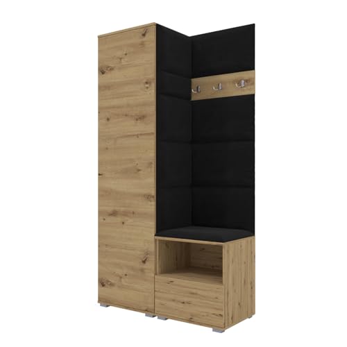 RAVIO Garderoben-Set NELA I mit Kleiderschrank & 3 Doppelhaken, 100cm Flurgarderobe mit Garderobenpaneel & Schuhschrank (Artisan Eiche + Schwarz (Trinity 16)) von RAVIO