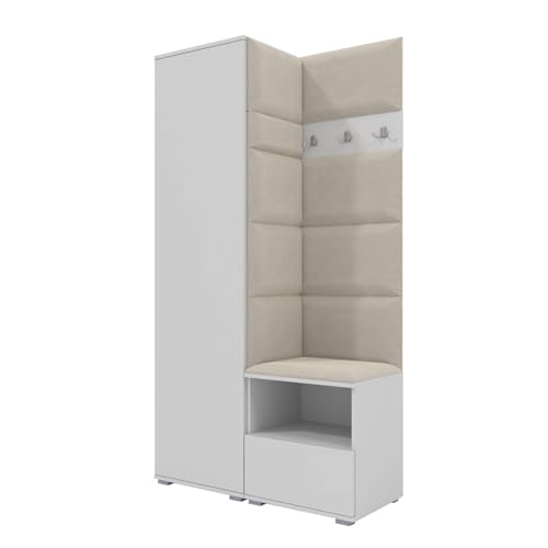 RAVIO Garderoben-Set NELA I mit Kleiderschrank & 3 Doppelhaken, 100cm Flurgarderobe mit Garderobenpaneel & Schuhschrank (Weiß + Creme (Trinity 01)) von RAVIO