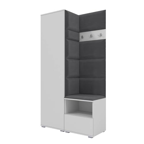 RAVIO Garderoben-Set NELA I mit Kleiderschrank & 3 Doppelhaken, 100cm Flurgarderobe mit Garderobenpaneel & Schuhschrank (Weiß + Dunkelgrau (Trinity 15)) von RAVIO
