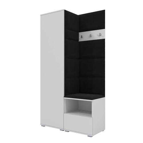 RAVIO Garderoben-Set NELA I mit Kleiderschrank & 3 Doppelhaken, 100cm Flurgarderobe mit Garderobenpaneel & Schuhschrank (Weiß + Schwarz (Trinity 16)) von RAVIO