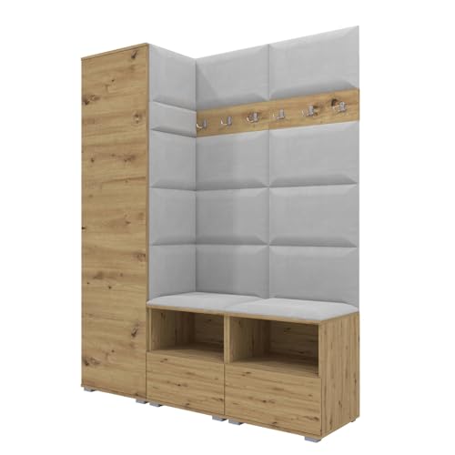 RAVIO Garderoben-Set NELA II mit Zwei Schuhschränke, 150cm Flurgarderobe mit Wandpaneele, Inklusive Montagekleber, Praktischer Wandgarderobe (Artisan Eiche + Hellgrau (Trinity 32)) von RAVIO