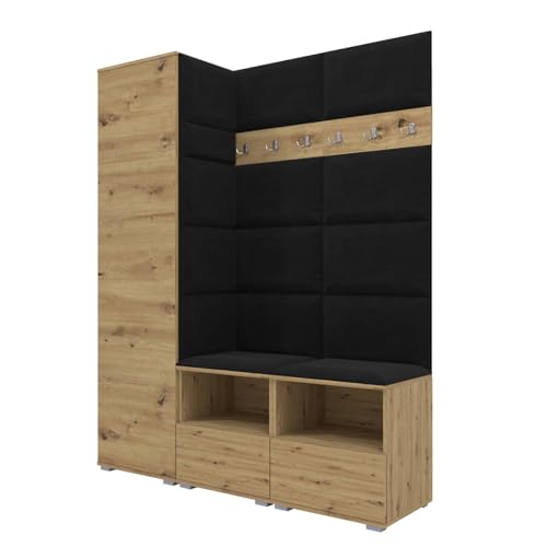 RAVIO Garderoben-Set NELA II mit Zwei Schuhschränke, 150cm Flurgarderobe mit Wandpaneele, Inklusive Montagekleber, Praktischer Wandgarderobe (Artisan Eiche + Schwarz (Trinity 16)) von RAVIO