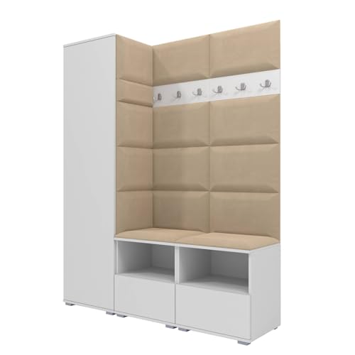 RAVIO Garderoben-Set NELA II mit Zwei Schuhschränke, 150cm Flurgarderobe mit Wandpaneele, Inklusive Montagekleber, Praktischer Wandgarderobe (Weiß + Beige (Trinity 04)) von RAVIO