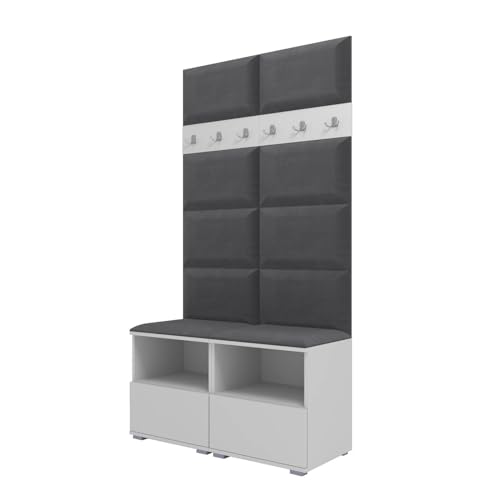 RAVIO Garderoben-Set NELA III mit Gepolstertes Paneel/Wandpaneel, Wand-Garderobe mit Zwei Schuhschränke, 100cm Flurgarderobe, Kompaktgarderobe (Weiß + Dunkelgrau (Trinity 15)) von RAVIO