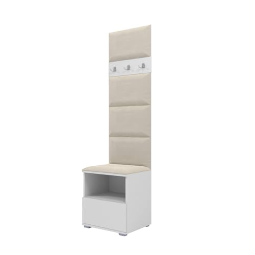RAVIO Garderoben-Set NELA IV Kompakte Flurgarderobe, 50cm Wand-Garderobe mit Gepolstertes Paneel/Wandpaneel (Weiß + Creme (Trinity 01)) von RAVIO