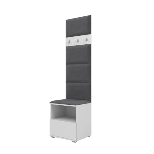 RAVIO Garderoben-Set NELA IV Kompakte Flurgarderobe, 50cm Wand-Garderobe mit Gepolstertes Paneel/Wandpaneel (Weiß + Dunkelgrau (Trinity 15)) von RAVIO