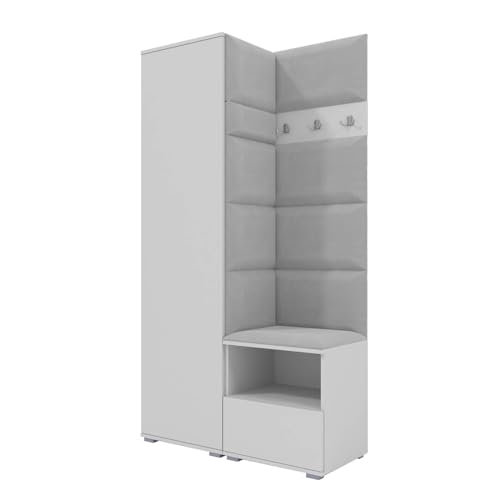 RAVIO Garderoben-Set NELA I mit Kleiderschrank & 3 Doppelhaken, 100cm Flurgarderobe mit Garderobenpaneel & Schuhschrank (Weiß + Hellgrau (Trinity 32)) von RAVIO
