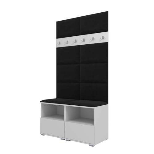 RAVIO Garderoben-Set NELA III mit Gepolstertes Paneel/Wandpaneel, Wand-Garderobe mit Zwei Schuhschränke, 100cm Flurgarderobe, Kompaktgarderobe (Weiß + Schwarz (Trinity 16)) von RAVIO