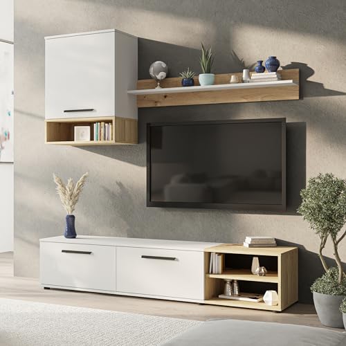 RAVIO Moderner TV-Schrank Set Vento 180 cm mit Wandregal, Schwarz und Artisan Eiche, Wohnzimmermöbel mit Stauraum, Medien-Unterhaltungszentrum, Wohnwand 3-Teilig (Weiß matt/Artisan Eiche) von RAVIO