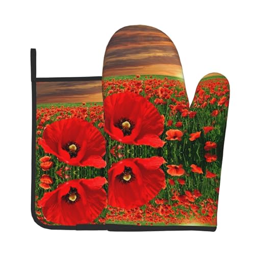 Ofenhandschuhe mit roten Blumen, hitzebeständig, bedruckt, Baumwolle, rutschfeste Ofenhandschuhe und Topflappen zum Kochen von RAXER