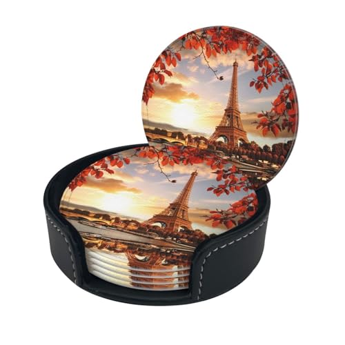Untersetzer Paris Turm und rote Blätter, personalisierbar, rund, 6 Stück, mit Halter, bedruckt, wasserabweisend, Leder, rutschfest von RAXER