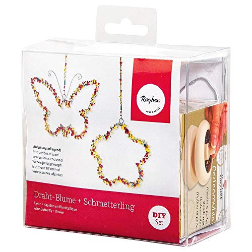 Rayher Bastelpackung Drahtformen mit Perlen, 4 Drahthänger Blume und Schmetterling, bunter Glasperlenmix, Draht, Perlenmühle, 24098000, 12 x 7 x 11.5 cm, Gemischt von Rayher