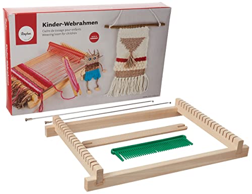 Rayher DIY Holz Kinder Webrahmen Set, Webbreite 16,5cm, Schulwebrahmen für Kinder,Erwachsene, inkl. Webschiffchen, Webkamm mit Zubehör, zum Weben & Gestalten, 7202200, Natur, 18,5x29cm von Rayher