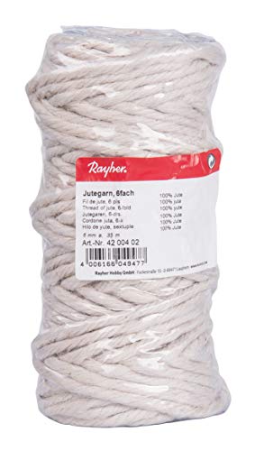 Rayher Hobby Rayher 4200402 Jutegarn, 6 fach, 6 mm ø, Spule 35 m, Jute-Schnur, Bindegarn, Bindeschnur, Dekokordel, Jutekordel, weiß von Rayher