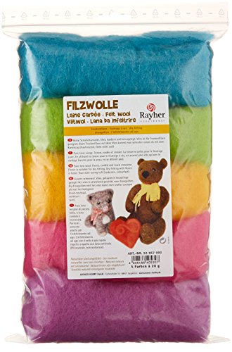 Rayher Hobby 53657000 Reine Schurwolle, Vlies, 5 Farben à 20 g, Sommermix, easy going, Gold von Rayher