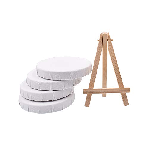 RayLineDo® Set von 4 Mini-Leinwänden, rund, blanko, 10 cm, Öl-/Wasser-Maltafel, flache Leinwand mit 1 Mini-Holz-Staffelei von RayLineDo