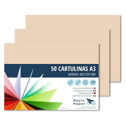 RAYLU PAPER – Tonpapier A3, 50 Stück Kartonpapier 180g/m², 297 x 420 mm, professionelle farbige Kartons für Büro, Kopierpapier, Buntes Papier zum Basteln (Creme) von RAYLU PAPER