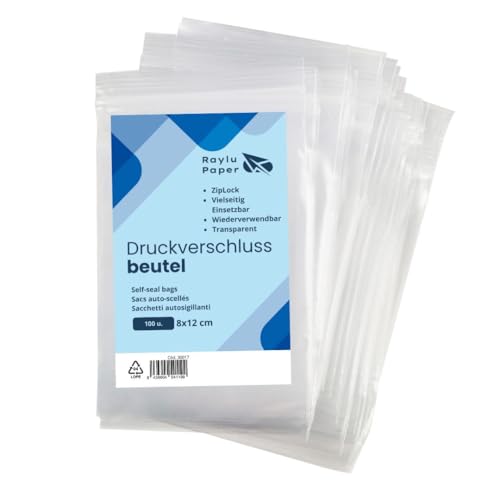 Raylu Paper – ZIP Druckverschlussbeutel, 100 Stück Kunststoffbeutel, Transparent Verschließbare Plastikbeutel, Vielseitig Einsetzbar Baggies mit Zipper, Made in Europe (8 x 12 cm) von RAYLU PAPER