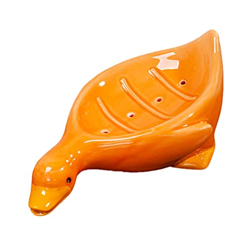 RAZURE Keramik-Seifenschale, niedliche Ente, selbstentleerender Seifenhalter, Seifenschale, Behälter für Dusche, Badezimmer, Küche, Arbeitsplatte, hält Seife trocken (orange) von RAZURE