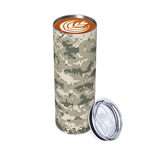 RBAZYFXUJ Isolierte Reise-Kaffeetasse, 550 ml, Edelstahl, Pixel-Camouflage-Reisebecher mit auslaufsicherem Deckel, Strohhalm und Strohhalmbürste von RBAZYFXUJ