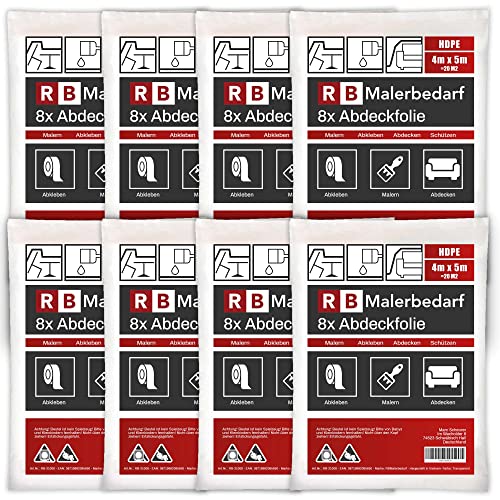 RBMalerbedarf - 8x Abdeckfolie Maler - 4x5m Plastikfolie - Malerfolie für Möbel & Fenster - Rundum Schutz gegen Staub & Farbe - Perfekt für Malerarbeiten - Folie für Maler Stark - Malerplane 160qm von RBMalerbedarf