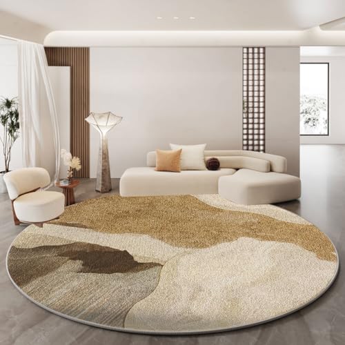RBQIZVW Abstrakt Wohnzimmer Teppich Rund 200 cm Moderner rutschfest Runder Teppich Runder Schlafzimmer Hochflor,Waschbar Kinderzimmer Rund Teppiche Kurzflor Weich Teppiche Beige Studie von RBQIZVW