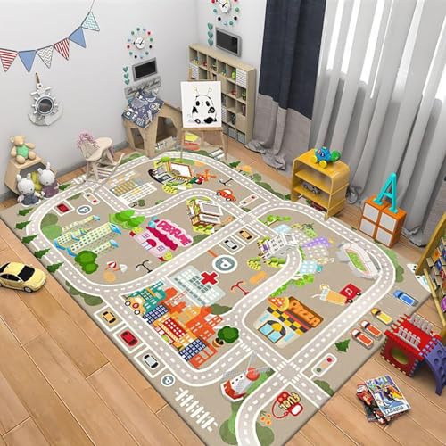 RBQIZVW Autoteppich Spielteppich Straße,Kinderzimmerteppich Antirutsch - Waschbar bis 30 Grad, Kinderteppich Jungen Straßenteppich, Bauteppich Fahrzeug Teppich Kinder, Weiß,Grösse:80×120 cm von RBQIZVW