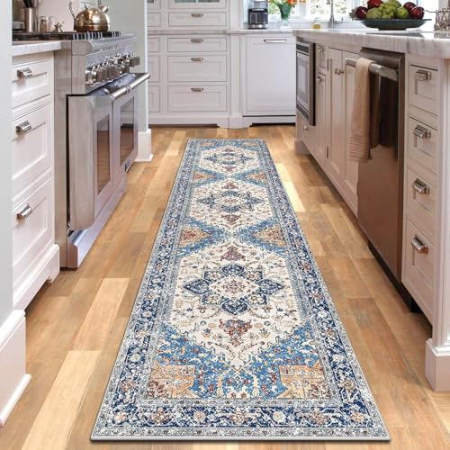 RBQIZVW Blau Teppich Läufer Flur rutschfest Teppichläufer Flur 60×180 cm Waschbar Flurläufer Lang Vintage Teppich Flur Küchenläufer für Flur Küche Schlafzimmer Wohnzimmer von RBQIZVW