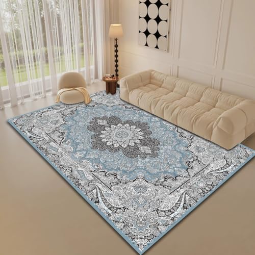 RBQIZVW Blau Teppich Schlafzimmer Vintage Waschbar 140×200 cm - Kurzflor Waschbarer Teppich rutschfest Super Weich Blumen Design Groß Wohnzimmerteppich für Esszimmer Wohnzimmer von RBQIZVW