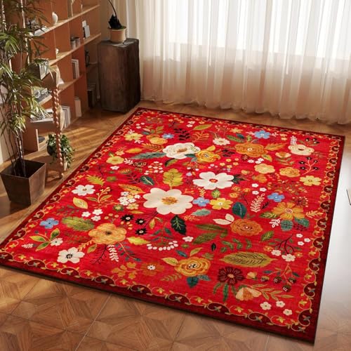 RBQIZVW Blumen Teppich Esszimmer 180x250 cm Waschbarer Teppich Rutschfester Kurzflor Teppiche Rot Groß Wohnzimmerteppich für Schlafzimmer Wohnzimmer Home Office flauschig Dekoration Teppiche von RBQIZVW