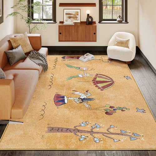 RBQIZVW Gelb Teppich Wohnzimmer 200x300 cm Teppich Kinderzimmer,Im Ölgemälde Stil, Kurzflor Wohnzimmerteppich, Waschbar Rutschfester Fußmatte Teppiche Für Schlafzimmer Dekoration, Bunt von RBQIZVW
