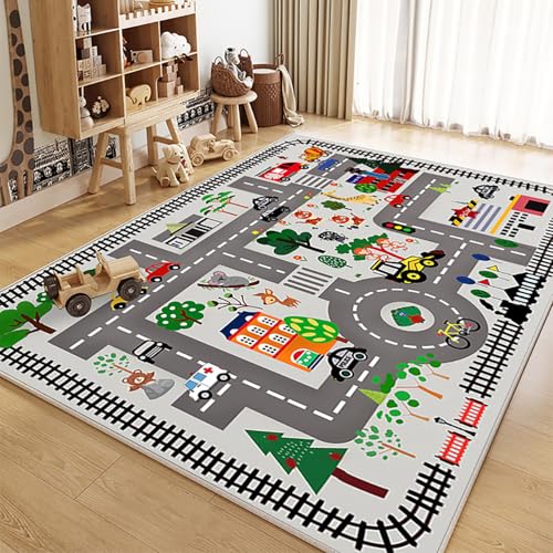 RBQIZVW Kinder und Spielteppiche | Große Auswahl an Straßenteppichen | Pflegeleicht und Strapazierfähig für Kinderzimmer,Autoteppich Kinderteppich Jungs Mädchen Auto Junge Autos,Grau,Größe:140×280 cm von RBQIZVW