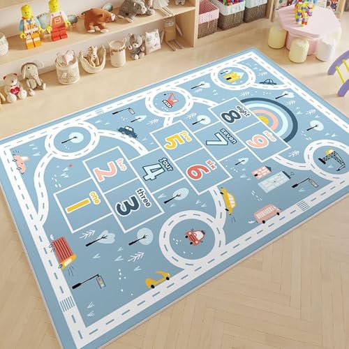 RBQIZVW Kinderzimmerteppich Antirutsch - Waschbar bis 30 Grad - Spielteppich Hüpfspiel Hüpfteppich- Kurzflor Kinderteppich Teppich für Kinderzimmer - Teppiche Junge Mädchen,Blau,80×160c m von RBQIZVW