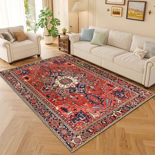 RBQIZVW Kurzflor Teppich Wohnzimmer 140×200 cm Rot Vintage Look - Orientteppich Waschbar, Orientalisch Design, Pflegeleicht und Weich - Ideal für Schlafzimmer, Esszimmer und als Küchenteppich von RBQIZVW