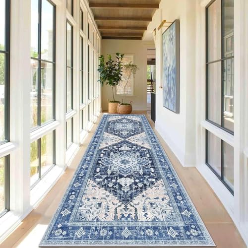 RBQIZVW Teppich Läufer Flur Waschbar Blau Teppiche Küche Läufer Vintage Blume Orientalischer Dünner Faltbar Teppich für Schlafzimmer Wohnzimmer Tisch rutschfest Teppichläufer Flurteppich 40×120 cm von RBQIZVW
