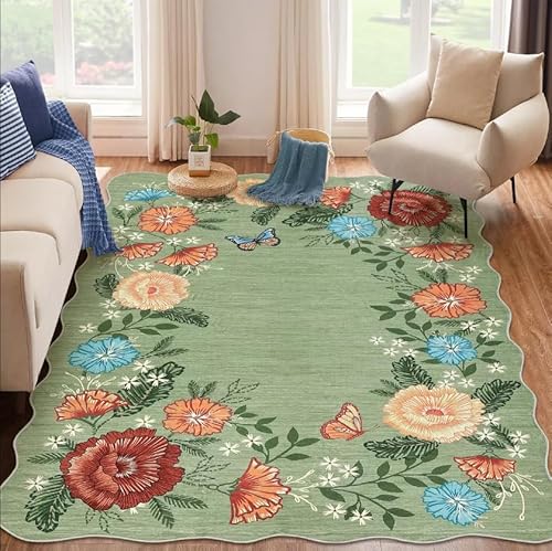 RBQIZVW Unregelmäßiges Waschbarer Teppich Grün für Schlafzimmer,Used Look,Vintage Blumenmuster,für Wohnzimmer rutschfest Teppich,neutral,Büroteppich,schmutzabweisend, Bauernhaus-Bodenbezug 160×230 cm von RBQIZVW
