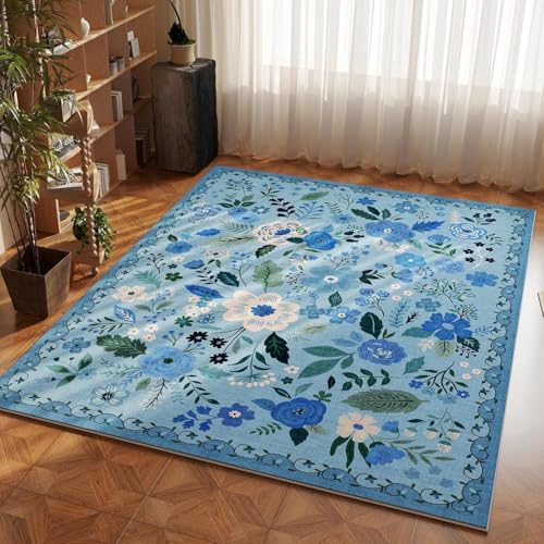 RBQIZVW Vintage Blumenmuster Niedriger Flor Teppich,Waschbarer Wohnzimmerteppich 160x230 cm, rutschfest Weiche Groß Blau Teppiche für Wohnzimmer Schlafzimmer Bauernhaus Esszimmer und Kinderzimer von RBQIZVW
