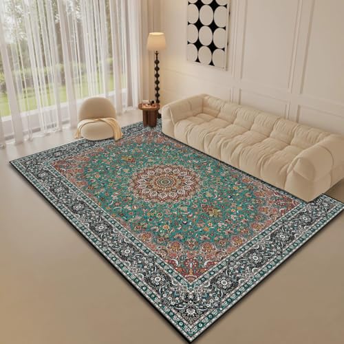 RBQIZVW Vintage Grün Teppich Esszimmer 140×200 cm Waschbar Teppiche Kurzflor Waschbarer Teppich Super Weich rutschfest Blumen Design Groß Wohnzimmerteppich für Schlafzimmer Wohnzimmer von RBQIZVW