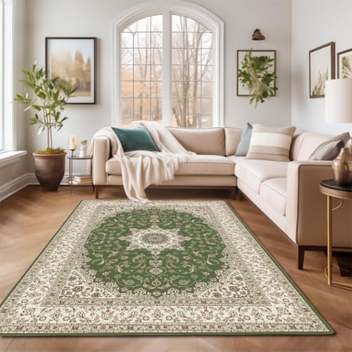 RBQIZVW Waschbarer Extra Großer Teppich 160×230 cm, Vintage Design mit Rutschfester Unterseite, Robuste Kurzflor Matte, Nicht Fusselnd, Ideal für Schlafzimmer, Esszimmer und Home Office Teppiche Grün von RBQIZVW