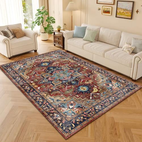 RBQIZVW Waschbarer Rot Vintage Teppich im Eingangsbereich 180×260 cm fußmatte badezimmerteppich Weich rutschfest Retro Kleiner Tepich Kurzflor Bad Teppich Schlafzimmer von RBQIZVW