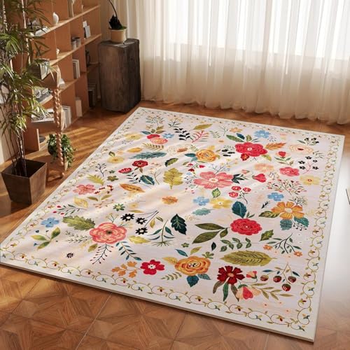 RBQIZVW Weiß Teppich Blumenmuster waschbar 140x200 cm,für Wohnzimmer Teppich rutschfest Esszimmer Teppiche botanisch, ultradünner Bodenteppich für Schlafzimmer, Heimbüro von RBQIZVW