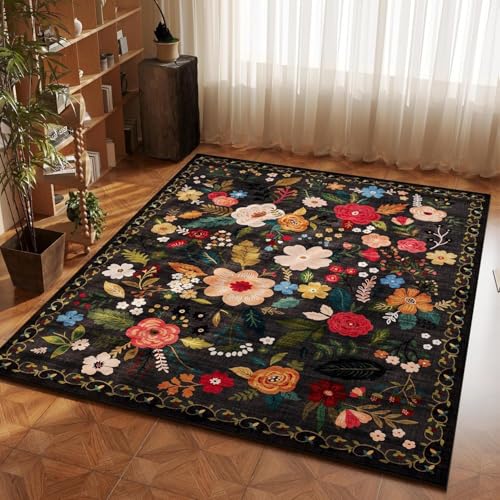 RBQIZVW Wohnzimmerteppich,Vintage Kurzflor Teppiche Orientalisch Weiche Teppich Schlafzimmer Blumen Teppiche rutschfest In und Outdoor Teppich 40x60 cm Waschbar in Waschmaschine,Schwarz von RBQIZVW
